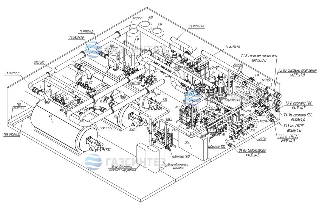 Схема установки оборудования в комбинированной котельной ТКУ-10500 кВт
